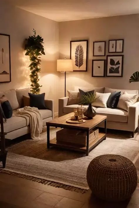 Dark Wood Theme Living Room, Modern Rustic Living Room Apartment, Light Brown Couches Living Room Ideas, Light Apartment Living Room, Small Living Room Ideas Cozy Rustic, Comfy House Interior, Apartment Living Room Lighting Ideas, Homey Apartment Living Room Cozy, Rustic Apartment Decor Living Rooms