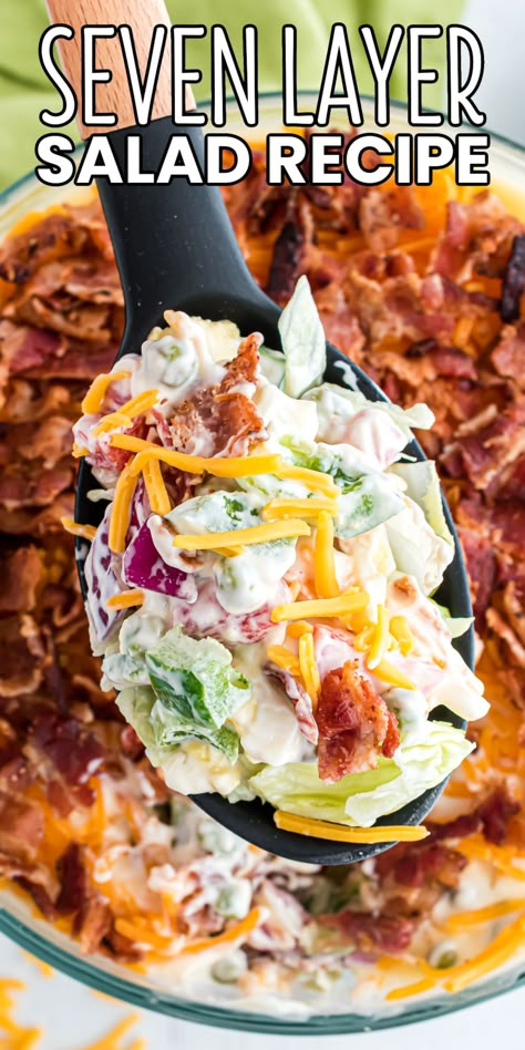 Potluck Seven Layer Salad, 7 Layer Salad No Peas, Cold Veggie Recipes, Healthy Southern Side Dishes, Best Salad For Potluck, 6 Layer Salad, 5 Layer Salad, Salad Recipes Potluck, Easy Seven Layer Salad