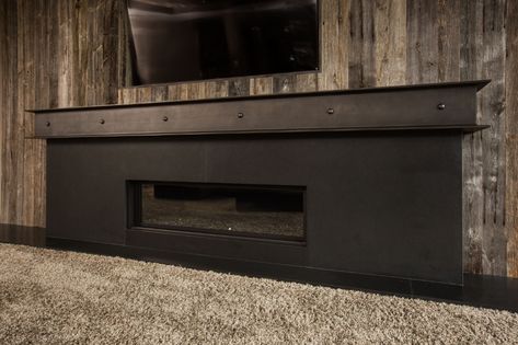 Metal Fireplace Mantel, Modern Fireplace Mantles, Fireplace Mantels Ideas, Modern Mantle, Beam Mantel, Stone Mantle, Metal Fireplace, Metal Beam, Fireplace Beam