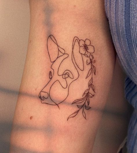 Dog Line Art Tattoo German Shepherd, Dog Tattoo On Forearm, Dog Ear Flower Tattoo, Minimalist German Shepherd Tattoo, Dog Ear Outline Tattoo With Flowers, Fine Line German Shepherd Tattoo, Dog Line Work Tattoo, Dog Flower Tattoo Ideas, Dog Tattoo Floral