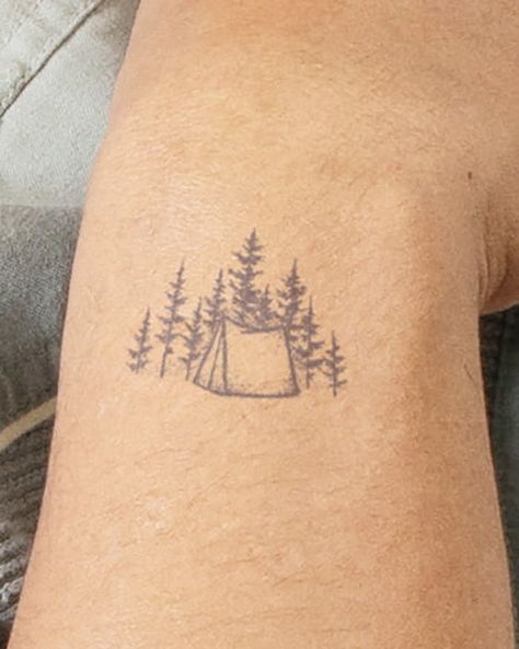 Our tattoos last 1-2 weeks and fade as your skin naturally regenerates. Painless and easy to apply. Delivered to your doorstep. Simple Nature Tattoos Men, Small Camping Tattoo Ideas, Happy Camper Tattoo, Simple Outdoor Tattoos, Dainty Camping Tattoos, Camper Tattoo Simple, Small Camper Tattoo, Nature Tattoo Simple, Appalachia Tattoo Ideas