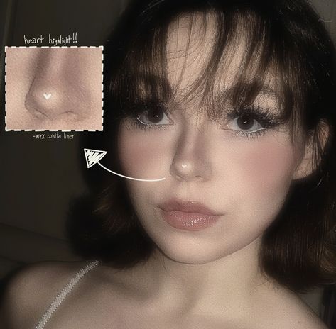 Heart Shape Contour, Heart Nose Highlight Makeup, Heart On Nose Makeup, Heart Highlighter On Nose, Heart Nose Contour, Heart Nose Makeup, Heart Highlight On Nose, Heart Face Shape Makeup, Makeup For Heart Shaped Faces