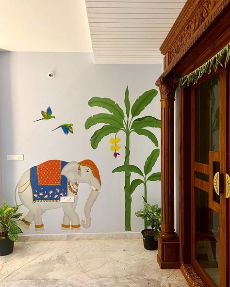 Indian mural art can add a touch of cultural richness and aesthetic appeal to your space, making it a meaningful and visually pleasing choice for wall decor. Mural from @adithireddy_m Indian Wall Decor Living Room, Entrance Wall Painting, Home Entrance Painting, India Mural Art, Indian Mural Wall Art, Indian Mural Art, Indian Wall Mural, Indian Mural Wall Art Simple, Indian Traditional Wall Murals