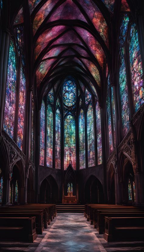 The interior of a creepy old abandoned gothic church with huge glowing colorful stained glass windows Dark Gothic Architecture, Wallpaper Fantasy Art, Abandoned Interior, Glass Art Ideas, Wallpaper Fantasy, Stained Glass Windows Church, Church Aesthetic, Gothic Buildings, Stained Glass Church