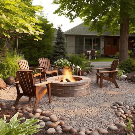 Create a Gravel Fire Pit Area Front Yard Landscaping Idea With Rocks Image Front Yard Patio Ideas With Fire Pit, Tree Landscaping Ideas, Firepit Design, Steel Decor, Outdoor Fire Pit Area, Landscaping Ideas With Rocks, Fire Pit Landscaping, Gravel Patio, Backyard Renovations