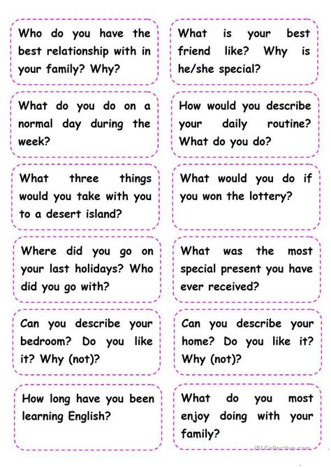 Speaking Cards 2 - General Questions - English ESL Worksheets for distance learning and physical classrooms English Speaking Exercises, English Conversation Learning Worksheets, Speaking Cards For Adults, Speaking Cards Intermediate, English Questions For Speaking, Speaking Topics English, Speaking Cards For Kids, Speaking Cards For Beginners, English Speaking Practice Conversation