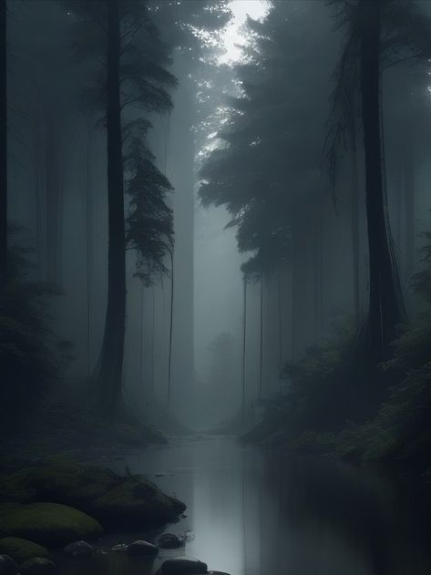 A deep, dark river flows through a dense forest. The trees are so tall and thick that they block out most of the sunlight, casting a gloomy shadow over the river. The water is still and black, and it is impossible to see the bottom. A few wisps of fog float above the river, adding to the air of mystery. River In A Forest, Misty Dark Forest, Fog In Forest, Dark Dense Forest, Dark Forest Art Fantasy Woods, Mysterious Forest Aesthetic, Thick Forest Aesthetic, Deep Forest Painting, Dark River Aesthetic