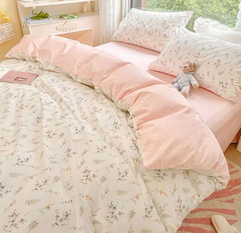 Farmhouse Floral Cotton Duvet Cover Set Pink White Coquette - Etsy UK Nordic Bed, Girls Duvet Covers, Floral Print Bedding, Girl Bed, Cama Queen Size, Floral Bedding Sets, Purple Bedding, Girls Bedding Sets, Flower Bedding