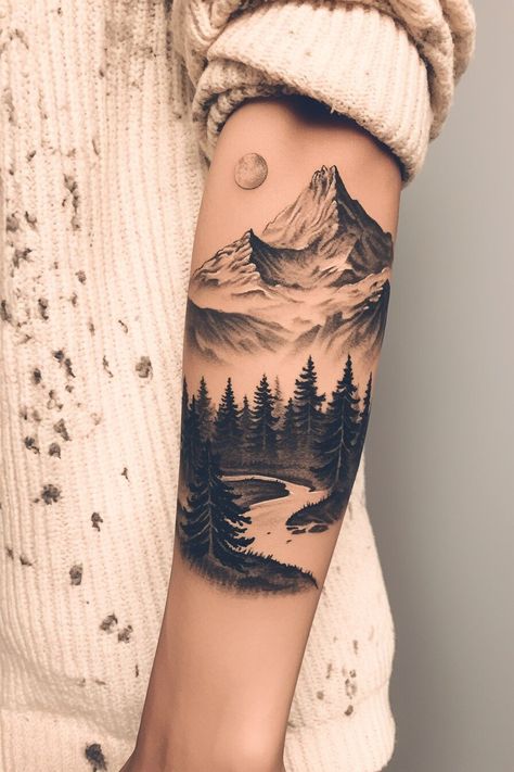 Pine Tree Half Sleeve Tattoo, Black And Shaded Tattoos, Mountain And Stream Tattoo, Mountain And Floral Tattoo, Woodsy Tattoos Men, Montana Mountains Tattoo, Mountain Half Sleeve Tattoo Women, Winter Scene Tattoo, Mountain Tattoos For Women Arm