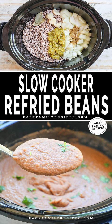 Making Refried Beans from scratch is easier than you think! With just a slow cooker, dried pinto beans and a handful of ingredients. This easy crockpot refried beans recipe cooks away all day giving you tons of flavor with no effort! This easy refried beans recipe feeds a crowd and is a great healthy side dish to add to any Mexican inspired meal. Try it with burritos, tacos, enchiladas, tostadas and more! Crock Pot Refried Beans Easy, Crock Pot Refried Beans, Refried Beans Recipe Easy, Slow Cooker Refried Beans, Crockpot Refried Beans, Mexican Side Dish, Beans Recipe Crockpot, Make Refried Beans, Homemade Refried Beans