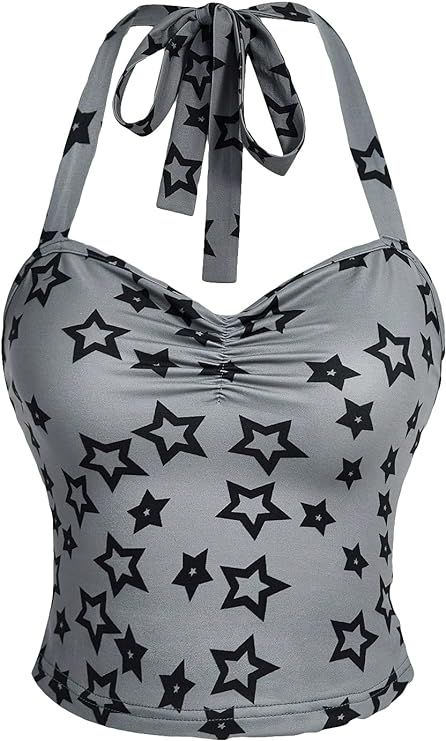 Link in pin. Grey Star Print Halter Top SOLY HUX Women's Y2k Star Print Ruched Halter Tie Back Cami Crop Top Summer Tops. Ruched Halter Top, Fairycore Top, Pinterest Wardrobe, Crop Top Aesthetic, Y2k Tank, Womens Halter Tops, Top Halter, Summer Crop Tops, Cami Crop Top