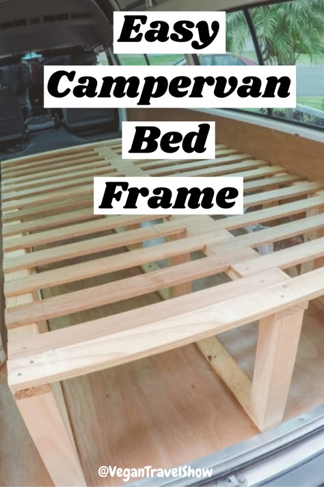 In our YouTube DIY van conversion video series we show how to build an easy and simple campervan for complete beginners. We design and install the interior of our small Toyota Hiace Commuter. Here's how to build a bed frame! Our van was custom made and designed by ourselves using only basic tools with no building experience at all! If you need ideas for your own campervan fitout check out our build series on youtube. | Vanlife Guide | Vegan Travel Show #vanbuild #diy #campervan #vanlife #offgrid Camper Van Simple, Self Build Campervan Interior, Diy Van Bed Platform, Campervan Beds Ideas, Van Build Bed Ideas, Van Fitout Ideas, Campervan Bed Frame, Easy Van Build, Van Conversion Simple