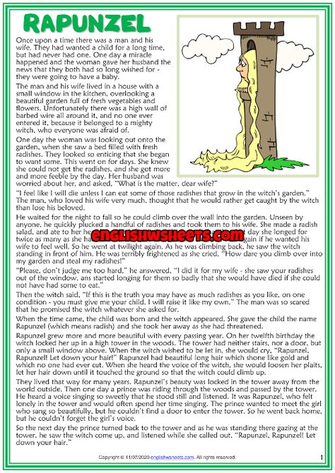 Rapunzel ESL Reading Text Worksheet For Kids Rapunzel Story Book, Rapunzel Story, Fairytale Lessons, Bed Time Stories, English Moral Stories, Good Bedtime Stories, Reading Comprehension For Kids, Esl Reading, Childrens Poems