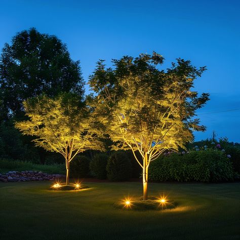 backyard_lighting_ideas_trees 10 Lights Shining Up On Trees, Up Lighting Landscape Trees, Tree Landscape Lighting, Up Lighting Trees, Light For Trees, Backyard Light Ideas, Garden Tree Lights, Solar Light Tree, Outside Tree Lights