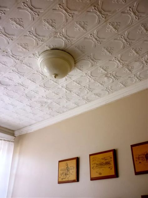 Victorian Bathroom Vintage, Cheap Ceiling Ideas, Ceiling Tiles Bathroom, Vintage Tin Ceiling Tile, Peach Bedroom, Old Ceiling, Ceiling Diy, Victorian Ceiling, Tin Ceilings