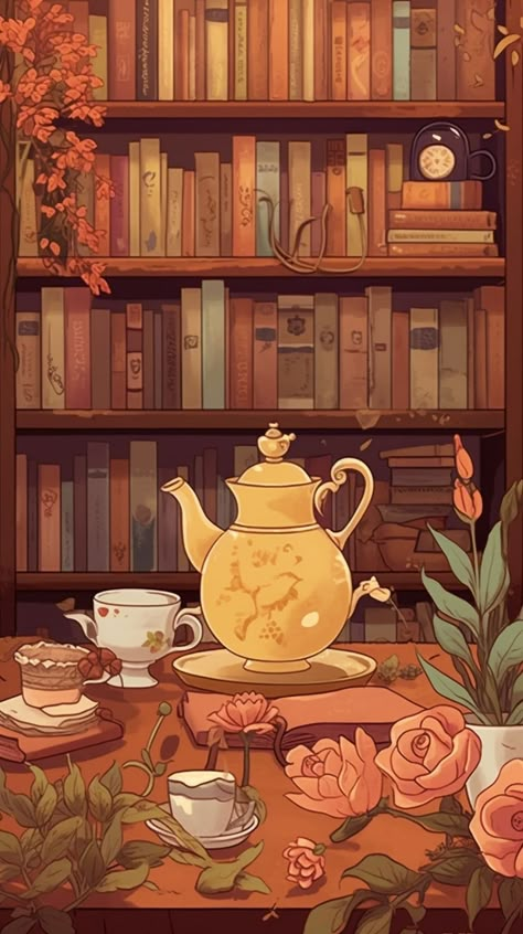 Tea Pot Wallpaper, Books And Tea Wallpaper, Cozy Book Illustration, Bookish Wallpapers Aesthetic, Tea Pots Aesthetic, Calm Nature Drawing, Brown Backgrounds Aesthetic, Cute Cozy Wallpapers, Fall Aesthetic Illustration