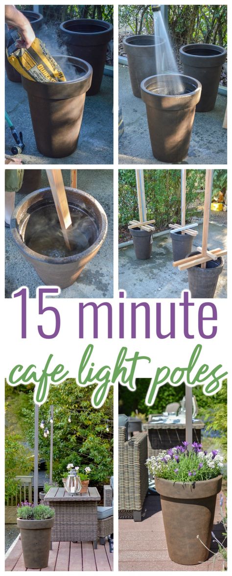 Handmade Planter, Diy Outdoor Decor, Outdoor Cafe, Light Pole, Outdoor Diy Projects, Cafe Lights, Backyard Diy Projects, Backyard Makeover, Patio Lighting