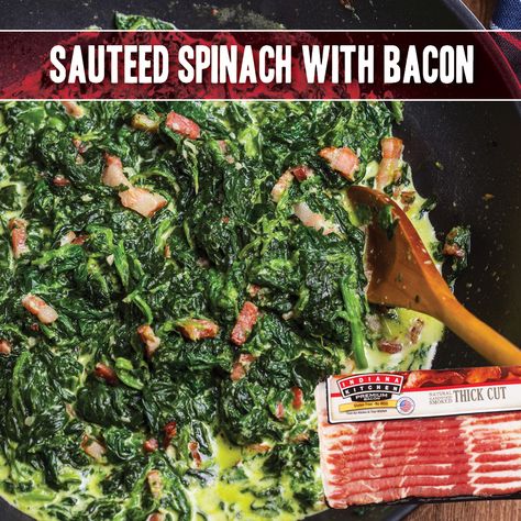 Sometimes, it's just a spoonful (or so) of bacon that helps the vegetables go down. Case in point: this (now) delicious version of sauteed spinach. Get recipe: https://indianakitchen.com/recipe/sauteed-bacon-with-spinach/ #MyBrandIsIndiana Sauteed Spinach With Bacon, Seasoned Spinach, Spinach With Bacon, Bbq Pork Tenderloin, Turkey Bacon Wrap, Spinach And Bacon, Pork Enchiladas, Peach Sauce, Bacon Seasoning