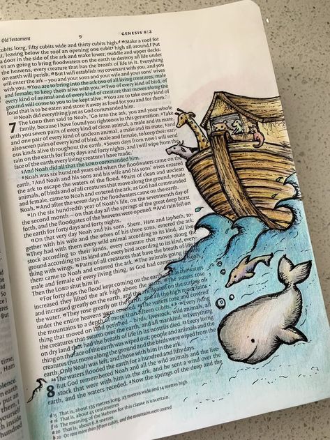 Genesis Doodles, Noahs Ark Drawings, Bible Story Drawings Sketches, Noah’s Ark Drawing, Genesis Bible Drawing, Bible Art Genesis, Noah’s Ark Art, Noah’s Ark Bible Journaling, Genesis 7 Bible Journaling