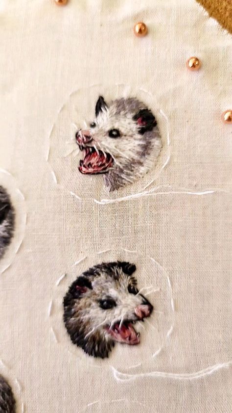 Gonna turn these into necklaces. Screaming opossums speak to my soul.: Embroidery Opossum Cross Stitch, Opossum Embroidery, Cryptid Embroidery, Possum Embroidery, Creepy Embroidery, Weird Embroidery, Grunge Embroidery, Embroidery Pins, Hand Embroidery For Beginners