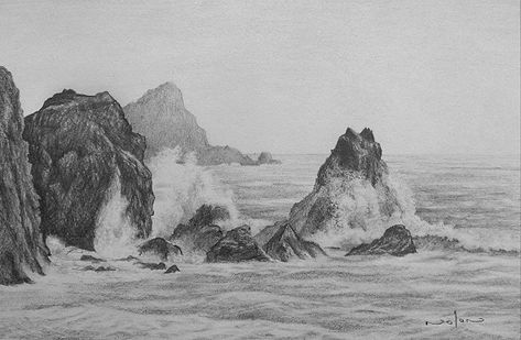 Drawing Rocks, Landscape Pencil Drawings, Ocean Drawing, Sea Drawing, Pencil Drawing Tutorials, Landscape Sketch, Charcoal Drawings, Seascape Art, Landscape Drawings