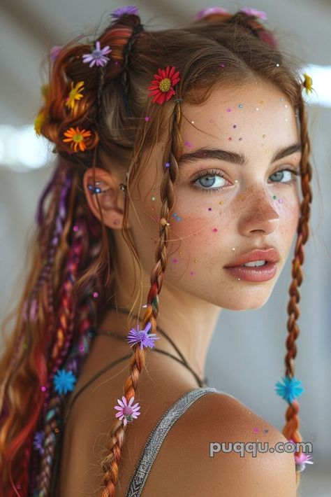 Hair Festival Ideas, Fantasy Hair Styles, Pride Hairstyles, Fantasy Hairstyle, Hairstyles Festival, Floral Hairstyles, Boho Hairstyles For Long Hair, Fairy Hairstyles, Colorful Portrait Photography