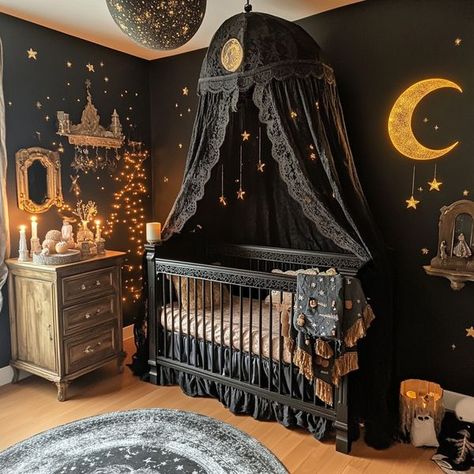 Dark Nursery Ideas Girl, Spooky Nursery Ideas, Dark Crib Nursery, Goth Crib, Goth Nursery Ideas, Black Baby Nursery, Dark Baby Nursery, Gothic Nursery Ideas, Witchy Nursery