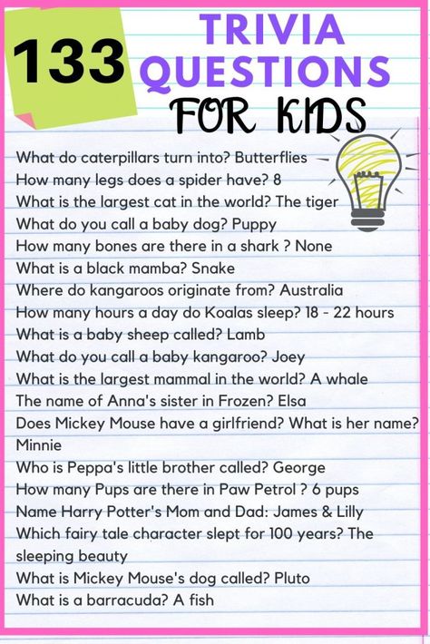 133 Fun trivia questions for kids with answers - Kids n Clicks Fun Questions For Kids, Kids Quiz Questions, Funny Trivia Questions, Funny Quiz Questions, Trivia Questions For Kids, Quizzes For Kids, General Knowledge For Kids, Fun Quiz Questions, Questions For Kids