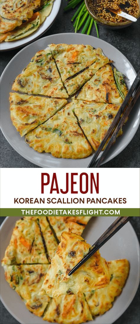 Vegan Pajeon 파전 (Korean Scallion/Green Onion Pancakes) Asian Pancakes Green Onions, Green Scallion Pancakes, Korean Dishes Vegetarian, Korean Onion Pancake, Green Onion Pancake Korean, How To Make Korean Pancakes, Scallion Pancakes Korean, Vegan Korean Pancakes, Korean Egg Pancake