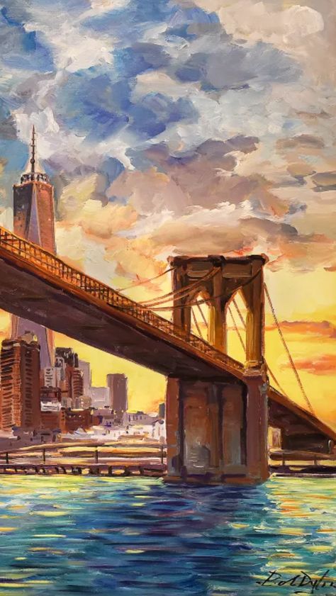 Nyc Painting Acrylic, Acrylic Painting New York, New York City Painting Acrylic Easy, Painting Ideas On Canvas City, New York Dibujo, Drawing Seasons, Brooklyn Painting, Landmark Paintings, Bridge Art Paintings