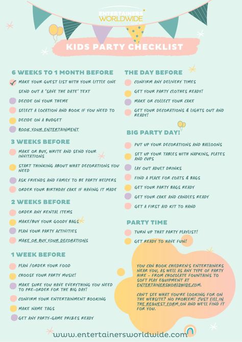 Birthday Checklist Kids, Birthday Party Checklist Kids, Bday Party Checklist, First Birthday Party Checklist, Kids Birthday Party Checklist, Party Essentials List, Planning 1st Birthday Party, Birthday Party Checklist, Kids Party Planning