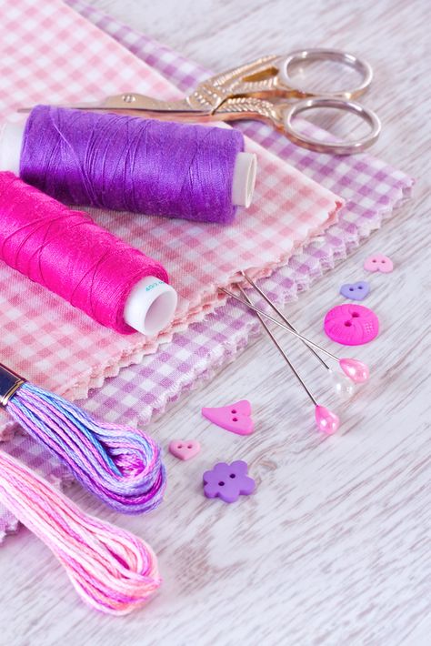 Sewing items with a check fabrics, buttons, thread and pin… | Flickr Yarn Aesthetic, Sewing Aesthetic, Sewing Photography, Purple Yarn, Cole And Son Wallpaper, Fabric Photography, Sewing Business, Embroidery Tshirt