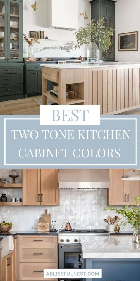 Transform your kitchen with the trendiest two-tone cabinet colors! From classic combinations to bold contrasts, discover the best ways to make your kitchen pop with style. Get inspired and elevate your kitchen design effortlessly. #kitchendesign #twotonecabinets #ABlissfulNest Kitchen Cabinets Painted 2 Tone Cupboards, Small Kitchen 2 Tone Cabinets, Kitchen Cabinet Colors Two Tone, Kitchen Island Pop Of Color, Cabico Kitchen Cabinets, Two Toned Kitchen Cabinets Wood, Two Tone Kitchen Cabinets Wood, Two Tone Cabinets Color Combos, Two Color Kitchen Cabinets