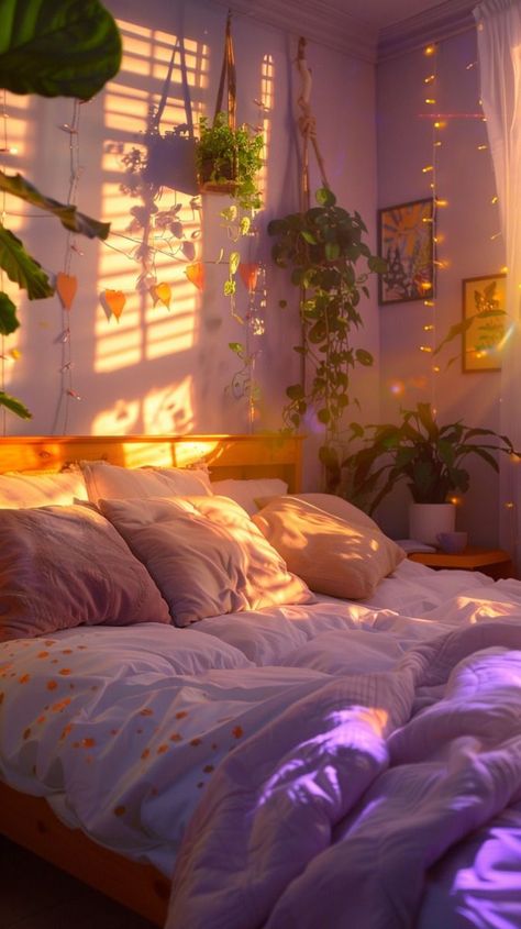 Ethereal Aesthetic Room Decor, Dark Colorful Bedroom, Cozy Purple Aesthetic, Ethereal Room Decor, Woman’s Bedroom Ideas, Purple Green Room, Bedroom Design Purple, Purple And Orange Bedroom, Green And Purple Decor