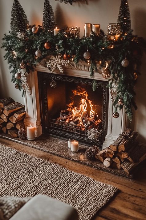 Transform your living space with this enchanting winter home decor setup. Garland, candles, and twinkling lights around the fireplace create a warm and cozy ambiance. Perfect for those chilly nights by the fire. #winterhomedecor #cozyvibes #holidaydecor Warm White Christmas Aesthetic, Christmas Photoshoot Fireplace, Cozy Chic Christmas Decor, Christmas At Grandmas Aesthetic, Woodsy Christmas Aesthetic, Warm Cozy Christmas Aesthetic, Cozy Christmas Living Room Fireplaces, Warm Christmas Aesthetic Cozy, Christmas Decoration Fireplace