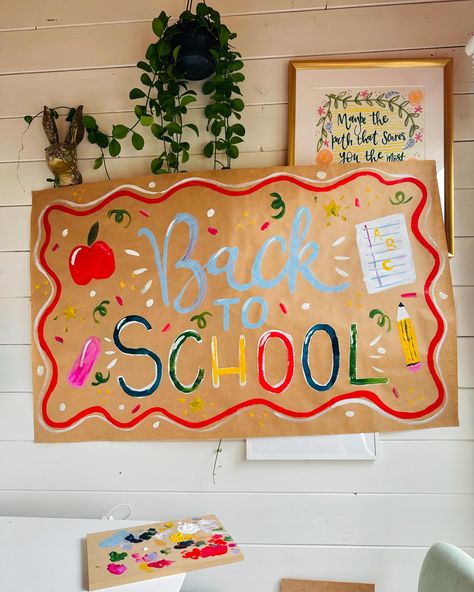 Giant Banners Recycled paper banners, I paint, roll and post - you just provide the blue tac! You know what to do 👏🏻🫶🍋 Clair x #eventdecor #backtoschool #firstdayatschool #babygirl #babyboy #firstbirthday #celebration #handlettering Back To School Painted Sign, Welcome Back To School Painted Banner, Painted Banner School, Teacher Banner Classroom Decor, Back To School Brown Paper Banner, Back To School Paper Banner, Back To School Decoration Ideas For Home, Back To School Hand Painted Banner, Giant School Supplies Props