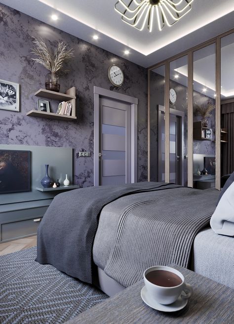 My visualization project: Modern Bedroom with Lilac walls Bedroom Lilac And Grey, Bedroom Ideas Purple Walls, Lilac And Grey Bedroom Ideas, Lilac And Gray Bedroom, Daughter Room Design Modern, Purple Teenager Bedroom Ideas, Pastel Purple Bedroom Aesthetic, Gray And Lavender Bedroom, Lilac Wall Color