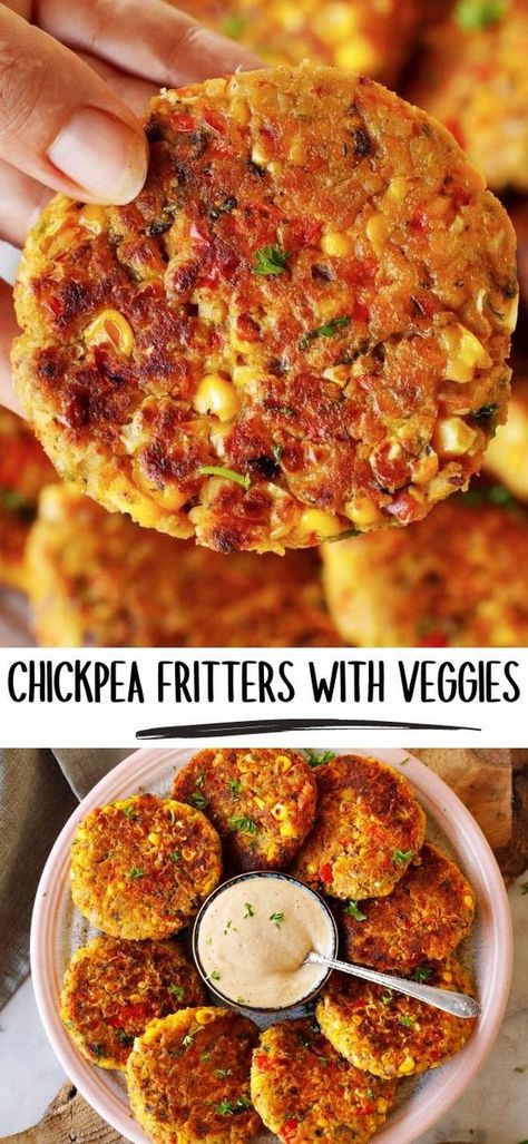 Chickpea Fritters, High Protein Vegetarian Recipes, Chickpea Recipes, Tasty Vegetarian Recipes, Diet Vegetarian, Vegan Dinner Recipes, Veggie Dishes, Vegan Recipes Healthy, Vegan Eating