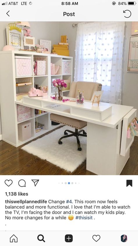 Home Office/craftroom Ideas, White And Gold Craft Room, Vanity And Office Room Ideas, Craft Area In Living Room, Desk Facing Door, Kallax Home Office, Cricut Office Space, L Shape Desk Office Layout Small Spaces, Ikea Small Office