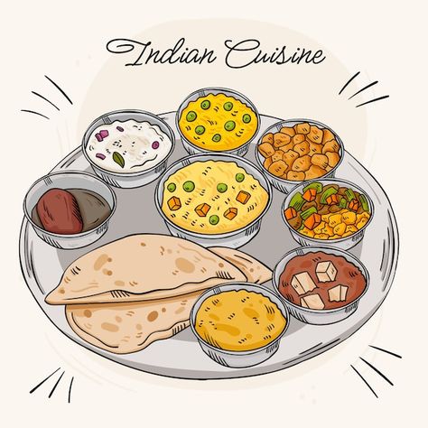 Desi Food Illustration, Indian Food Drawing Easy, Aesthetic Desi Food, Bengali Food Drawing, Indian Food Design, Indian Food Stickers, South Indian Food Illustration, Indian Food Cartoon, Indian Food Doodle