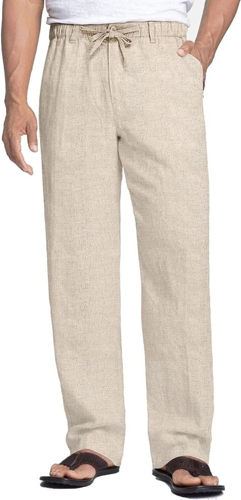 COOFANDY Men's Linen Cotton Pants Drawstring Waist Modern Waistband Trousers (Khaki, L) at Amazon Men’s Clothing store Cotton Pants Men, Linen Beach Pants, Casual Linen Pants, Mens Linen Pants, Linen Drawstring Pants, Casual Summer Pants, Cotton Linen Pants, Pants Elastic Waist, Mens Linen