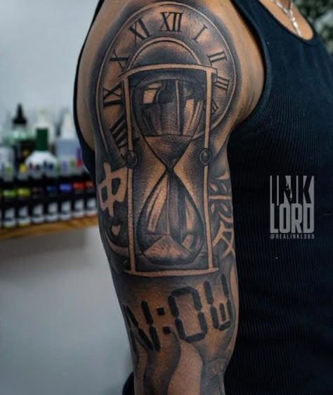 Time Now Tattoo, Men Hourglass Tattoo, Now Digital Clock Tattoo, Now Time Tattoo, Should Tattoo Men, Now Tattoo Time, Basketball Shoulder Tattoos, Arm Tattoo Men Biceps, Now Tattoo Clock