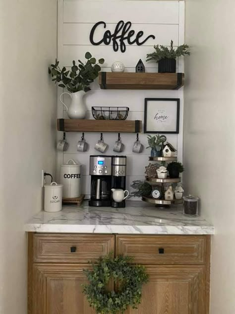 Coffee Bar Ideas Small Spaces, Kaffe Station, Coffee Bar In Kitchen, Home Coffee Bar Ideas, Bar In Kitchen, Bars In Kitchen, Coffee Bar At Home, Coffee Station Kitchen, Coin Café