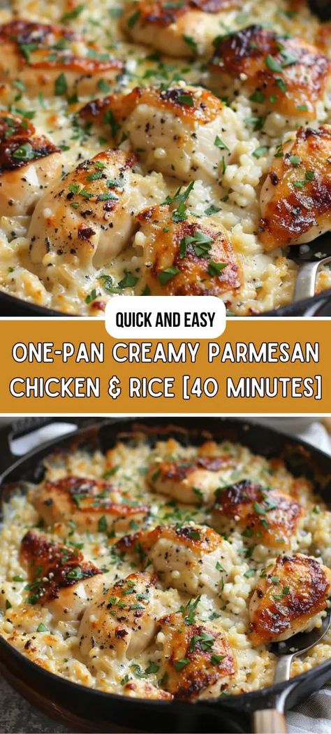 One-Pan Creamy Parmesan Chicken & Rice Parmesan Chicken Rice, Parmesan Chicken And Rice, Flavorful Rice, Creamy Parmesan Chicken, Chicken And Rice Dishes, Creamy Chicken Recipes, Chicken Rice Recipes, Creamy Chicken And Rice, Easy Chicken And Rice