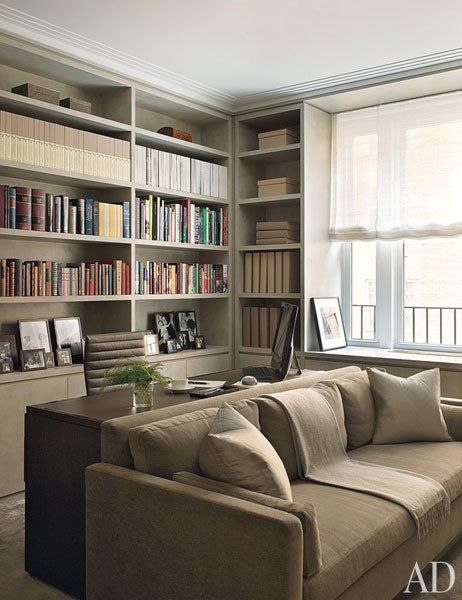 In Andrew’s study, the sofa is covered in a Holly Hunt velvet; the throw is by Calvin Klein Home, the desk chair is by Herman Miller, and the shades are made of a Kravet silk. Living Room Office Combo, Cozy Study, Home Office Library, Behind Couch, New York Loft, Office Couch, Office Guest Room, Guest Room Office, Contemporary Office