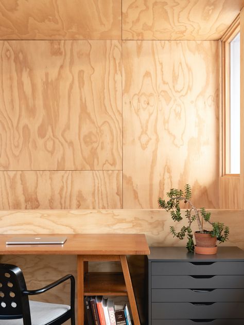 Photo 7 of 16 in A Plywood Box Turns a 20th-Century Duplex Into a Multigenerational Home - Dwell Plywood Wall Paneling, Osb Plywood, Plywood Ceiling, Plywood Desk, Shed Office, Plywood Interior, Plywood Floor, Plywood Walls, Contemporary Living Room Design