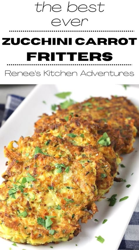 The Best Ever Zucchini and Carrot Fritters on a white platter ready to eat. Zucchini Casseroles, Zucchini Carrot Fritters, Muffins Zucchini, Carrot Fritters, Veggie Pancakes, Zucchini Dinner Recipes, Courgette Fritter, Recipe For Zucchini, Zucchini Fritters Recipe