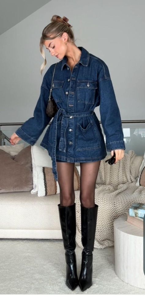 Denim Dress Black Tights, Cowboy Boot Chic Outfit, High Boot Heels Outfit, Farmhouse Chic Outfit, Knee High Boots With Dress Outfit, Denim Skirt And Stockings Outfit, Denim Skirt With Tights Outfit, Long Sleeve Jean Dress Outfit, Dressy Dinner Outfit Classy