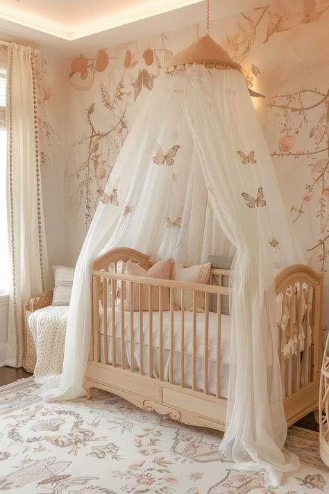 32 Charming Butterfly Nursery Ideas for a Dreamy Baby Room Fancy Nursery Ideas, Heaven Sent Nursery Theme, Sleeping Beauty Themed Nursery, Plain Nursery Ideas, Triplets Nursery Luxury, Pink Cloud Nursery Theme, Fairy Garden Nursery Baby Girl, Home Decor Ideas Nursery, Cozy Girl Nursery