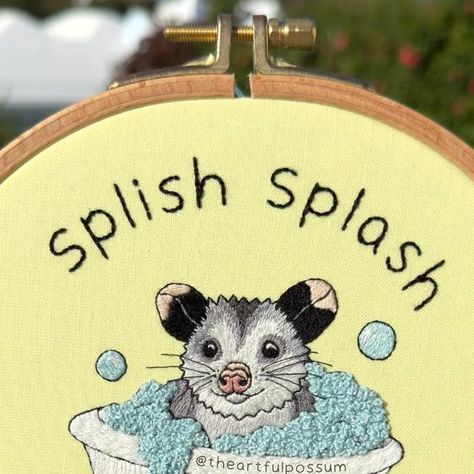 The Artful Possum | Em | Hand Embroidery Artist on Instagram: "Splish Splash, your opinion is trash ᘛ⁐̤ᕐᐷ🗑️🫧  Hand embroidery pattern and tutorial is finally here! Thank you so much for your patience - I’m working on astropossum (personal space lover) next and will slowly catch up on my outstanding ones this week.  I really hope you enjoy stitching this - t-shirts will be available later too and stickers will be back in March 💕 as always let me know if you have any questions! . . . . . #splishsplash #youropinionistrash #possummeme #handembroidery #memeart #opossum #opossumart" Possum Embroidery, Silly Embroidery, Your Opinion Is Trash, Space Lovers, Splish Splash, Hand Embroidery Pattern, Your Opinion, Personal Space, Embroidery Ideas